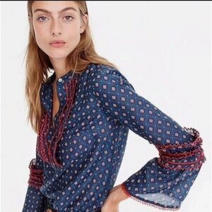 J. Crew Women’s Size 2 Navy Blue Red Ruffle Bell Sleeve Cotton Silk Ludwig
